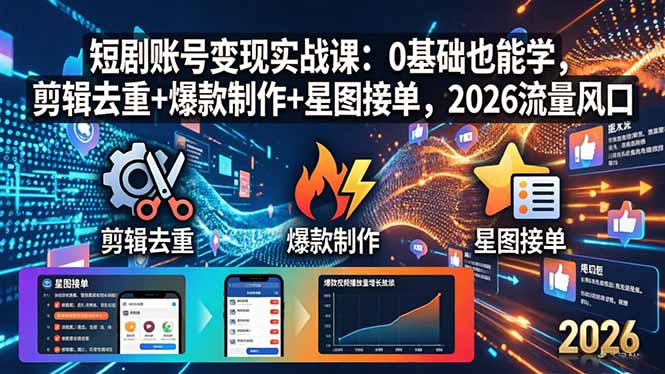 （18160期）短剧账号变现实战课：0基础也能学，剪辑去重+爆款制作+星图接单，2026流量风口-靠谱项目库