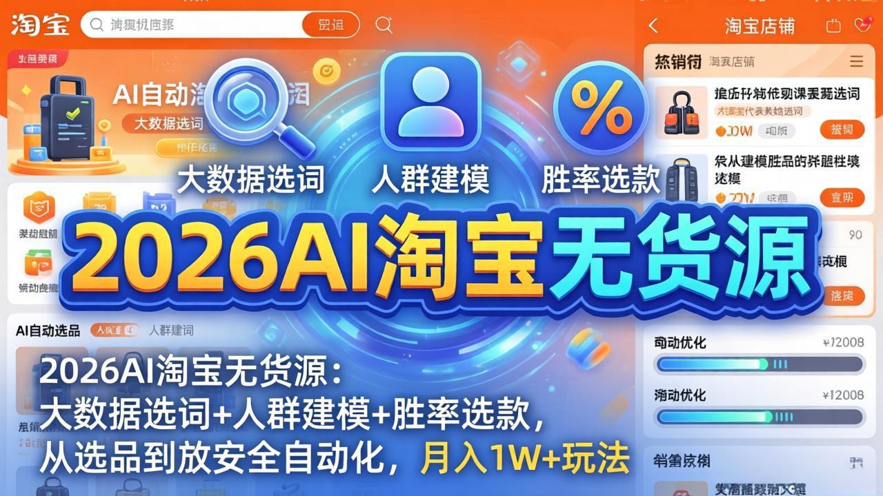 （18046期）2026AI淘宝无货源-4月更新：大数据选词+人群建模+胜率选款，从选品到放大全自动化，月入1W+玩法-靠谱项目库