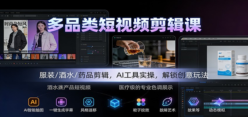 多品类短视频剪辑课：服装/酒水/药品剪辑，AI工具实操，解锁创意玩法-靠谱项目库