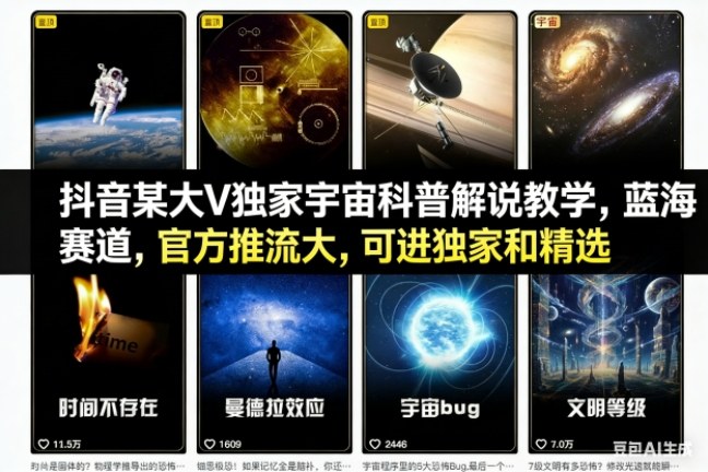 抖音某大V独家宇宙科普解说教学，蓝海赛道，官方推流大，可进独家和精选-靠谱项目库