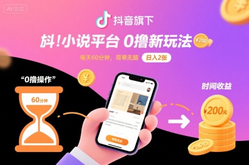 抖音旗下小说平台0撸新玩法，每天挂G60分钟，简单无脑，日入2张【揭秘】-靠谱项目库