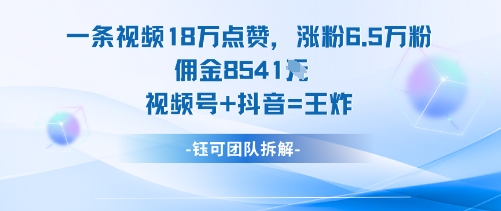 一条视频18W点赞，涨粉6.5W粉佣金8541米，视频号+抖音=王炸-靠谱项目库