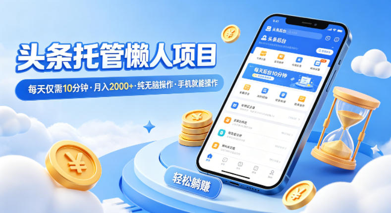 头条托管懒人项目，每天仅需10分钟，月入2000+，纯无脑操作，手机就能操作【揭秘】-靠谱项目库