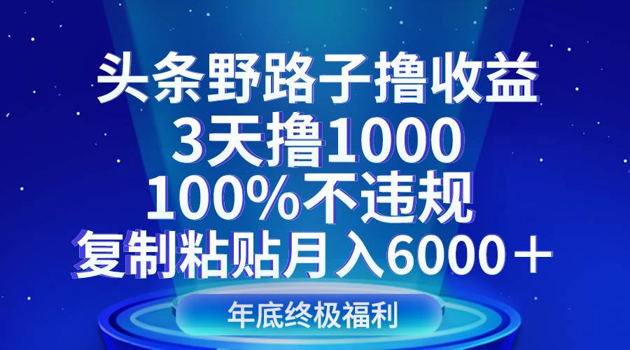 头条野路子撸收益，3天撸1000，100%不违规，复制粘贴月入6000＋-靠谱项目库