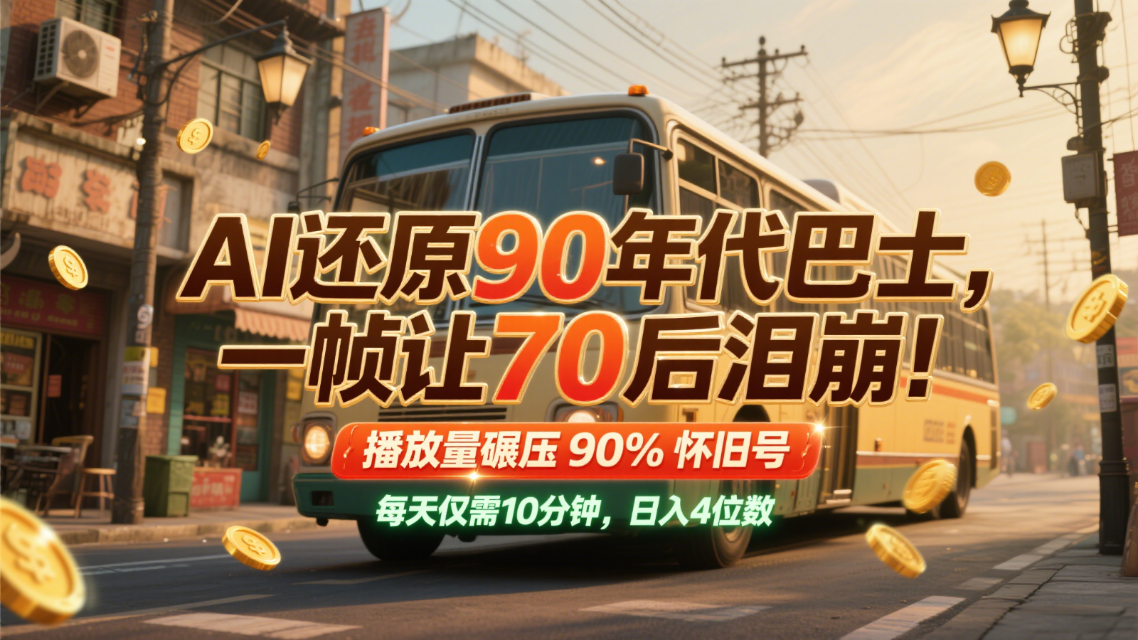 AI还原90年代巴士，一帧让70后泪崩！播放量碾压90%怀旧号，每天10分钟，日入4位数-靠谱项目库